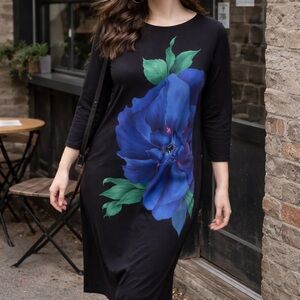 Chic Black Dress with Blue Floral Accent